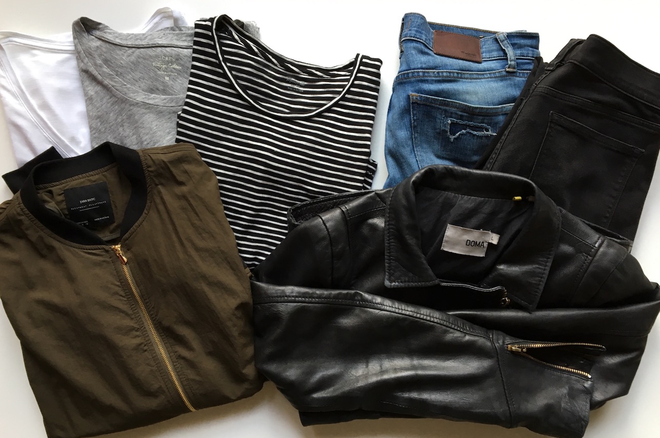  J. Crew Vintage Tees ( White  and  Gray ) | Madewell Striped Tee ( similar ) | Madewell Patch Jeans ( similar ) |  J. Crew Factory Deconstructed Jean  | Zara Bomber Jacket ( similar ) |  Doma Leather Jacket  