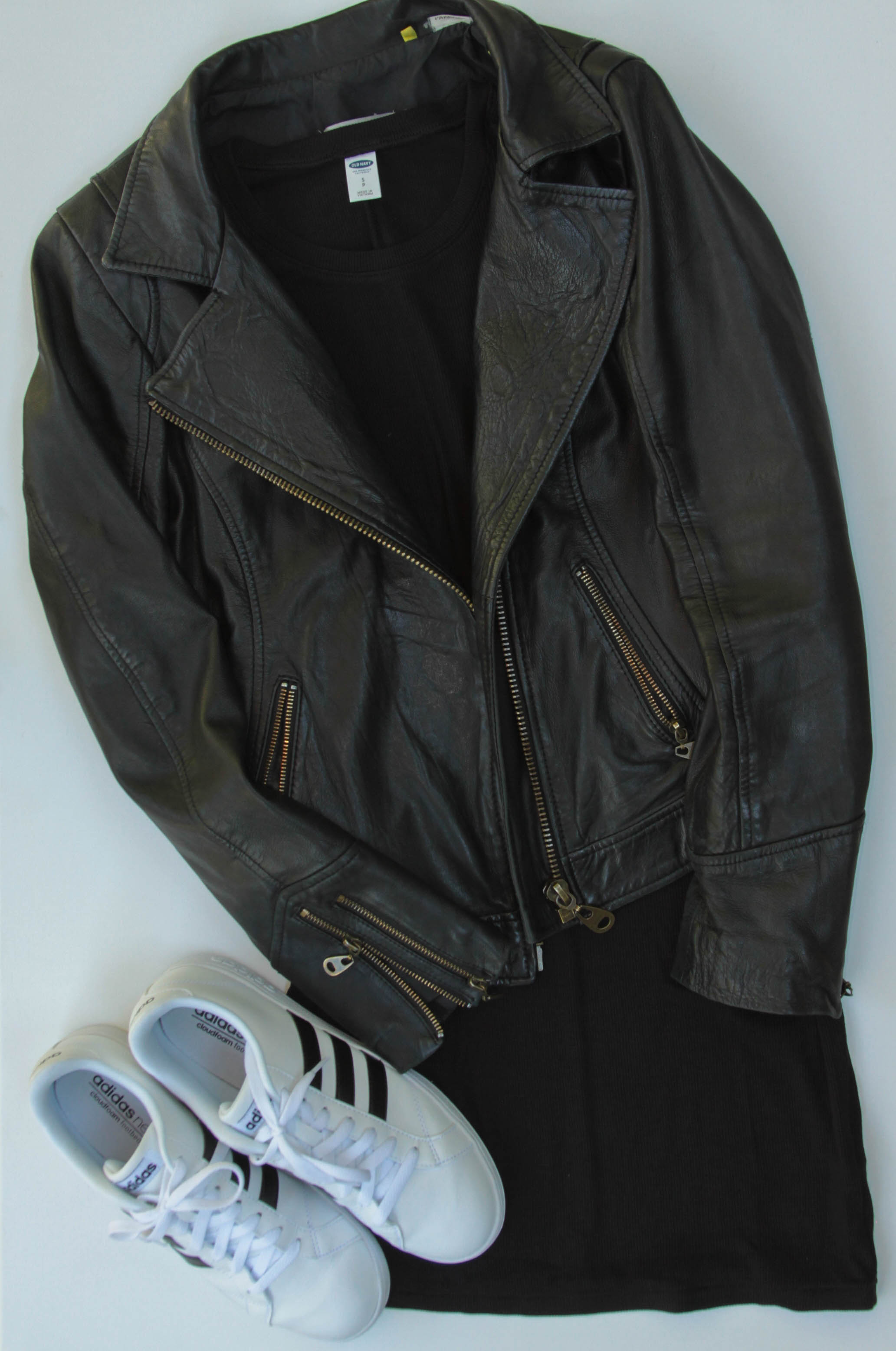   Doma Leather Jacket  |  Old Navy Black Dress  |  Adidas   