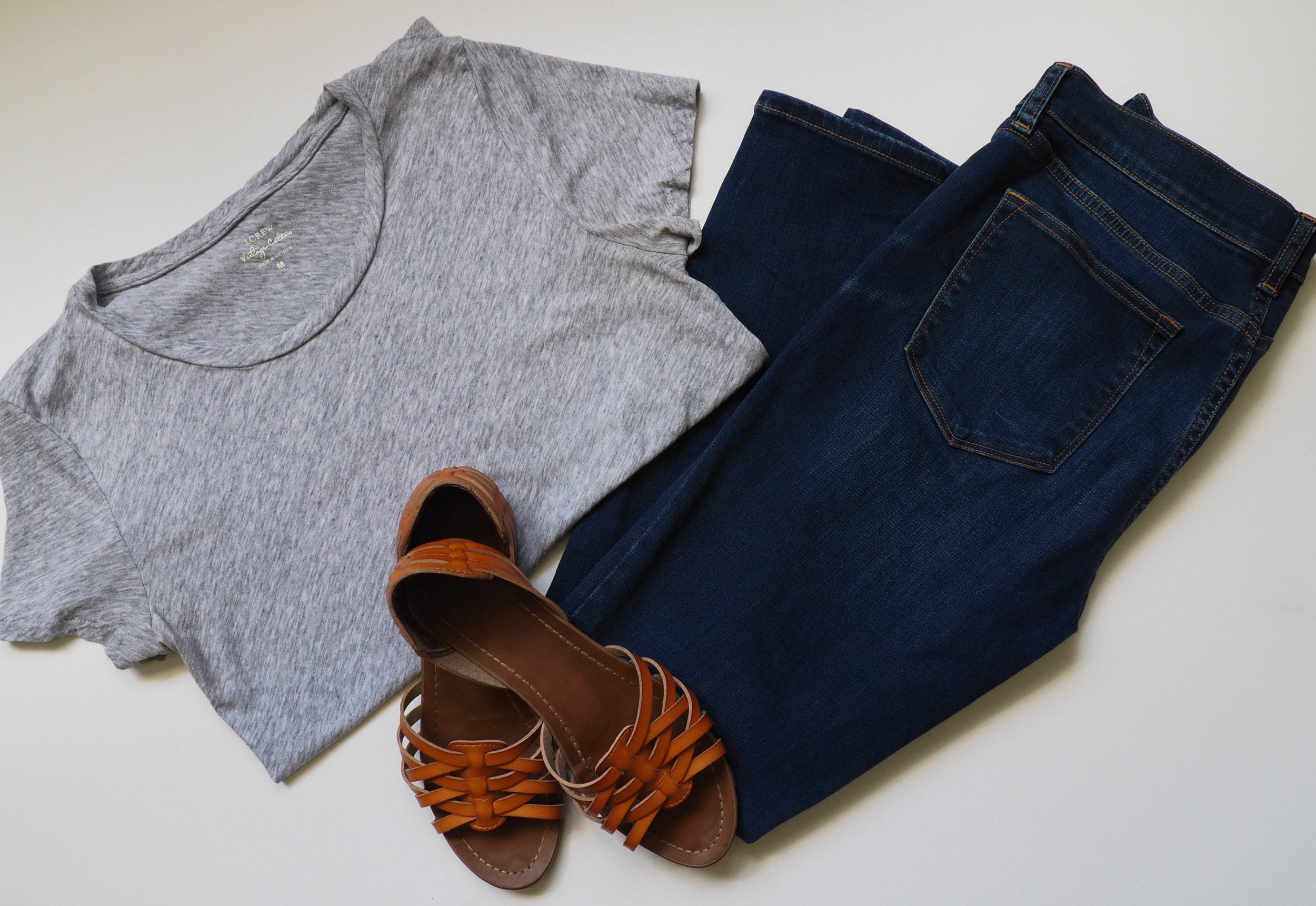   Grey Tissue T Shirt  |  Dark Wash Jeans  |  Brown Sandals  