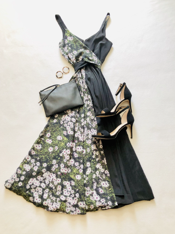 outfit with black and floral dress, jacket, and accessories