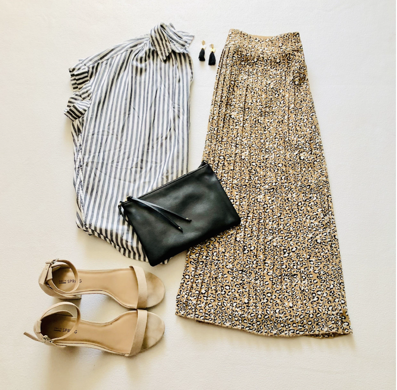 outfit with with skirt, button down shirt, and accessor 