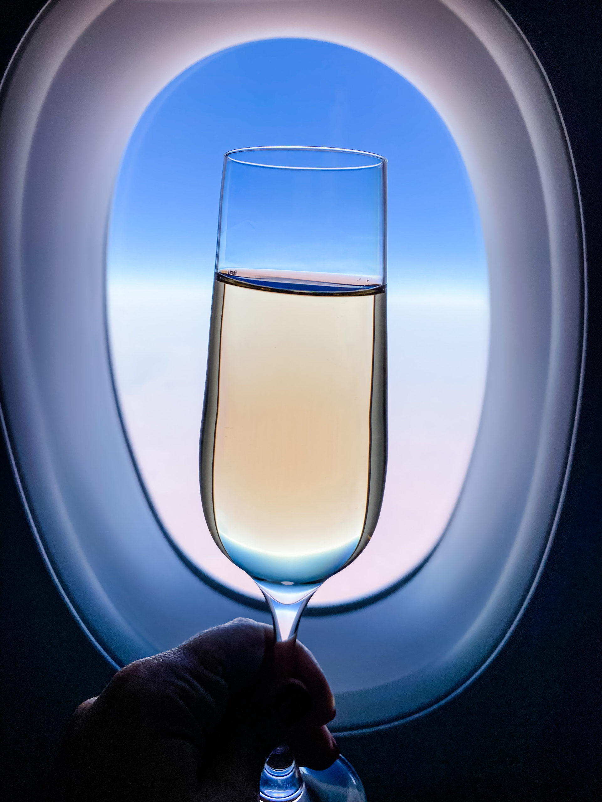 champagne in airplane window
